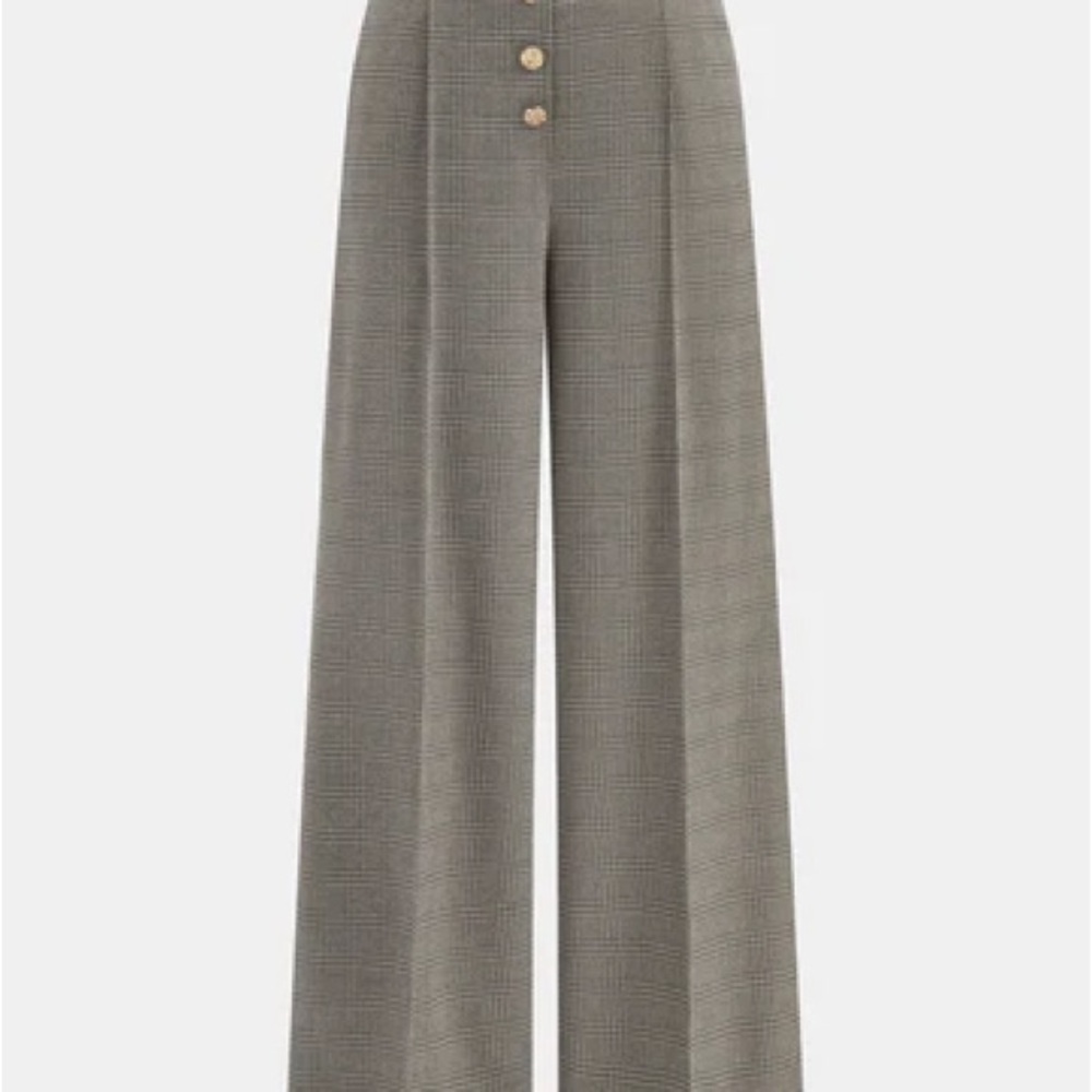Commense Gray Plaid Wide Leg Pants with Gold Buttons